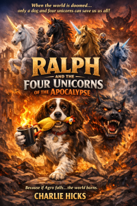 Initial Cover For Ralph and the Four Unicorns of the Apocalypse - featuring traditional Hellhound.